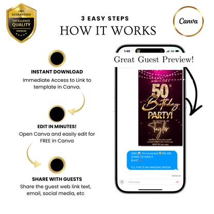 Editable magenta gold sequin 50th birthday video invitation displayed on a mobile phone, featuring an animated vertical digital invite with music, created in Canva. This premium video invitation template is designed for sharing by text, email, and social media and works with an interactive RSVP website for easy guest response tracking.