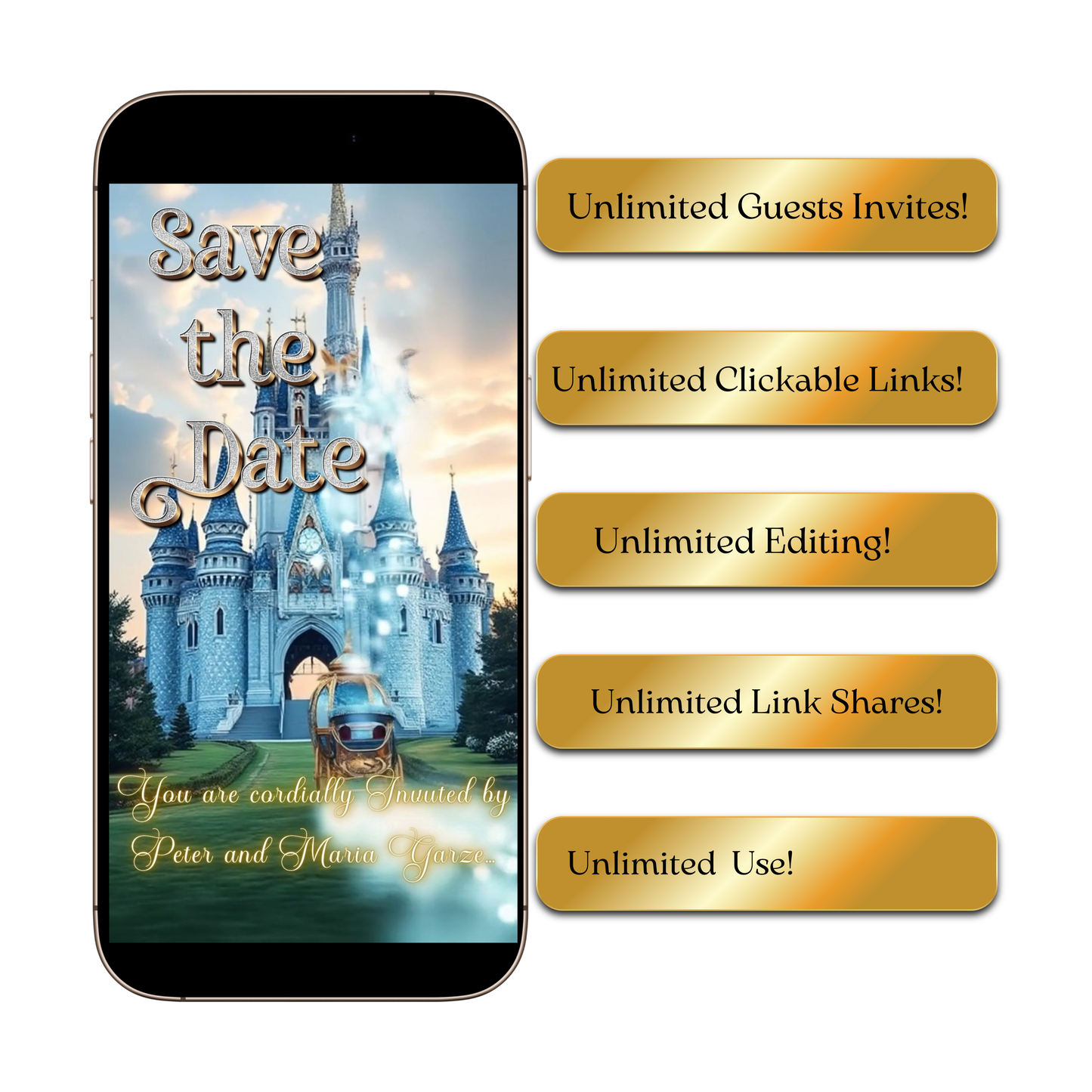 Editable cinderella fairytale quinceañera event video invitation displayed on a mobile phone, featuring an animated vertical digital invite with music, created in Canva. This premium video invitation template is designed for sharing by text, email, and social media and works with an interactive RSVP website for easy guest response tracking.