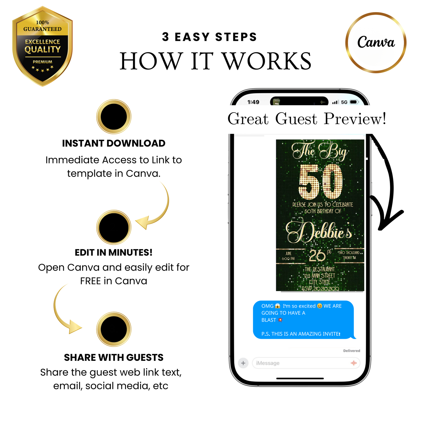 Editable green sequin 50th birthday video invitation displayed on a mobile phone, featuring an animated vertical digital invite with music, created in Canva. This premium video invitation template is designed for sharing by text, email, and social media and works with an interactive RSVP website for easy guest response tracking.