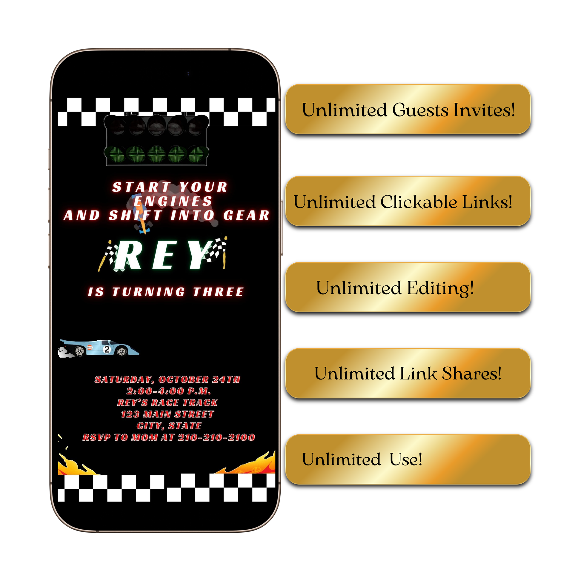 Editable race car birthday birthday video invitation displayed on a mobile phone, featuring an animated vertical digital invite with music, created in Canva. This premium video invitation template is designed for sharing by text, email, and social media and works with an interactive RSVP website for easy guest response tracking.
