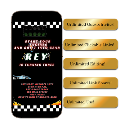 Editable race car birthday birthday video invitation displayed on a mobile phone, featuring an animated vertical digital invite with music, created in Canva. This premium video invitation template is designed for sharing by text, email, and social media and works with an interactive RSVP website for easy guest response tracking.