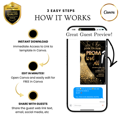 Editable black gold elegant prom send off video invitation displayed on a mobile phone, featuring an animated vertical digital invite with music, created in Canva. This premium video invitation template is designed for sharing by text, email, and social media and works with an interactive RSVP website for easy guest response tracking.