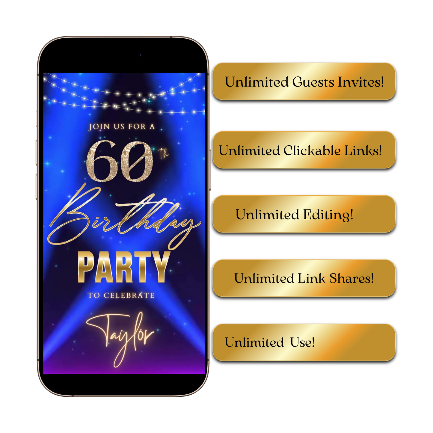 Editable blue purple spotlight 60th birthday birthday video invitation displayed on a mobile phone, featuring an animated vertical digital invite with music, created in Canva. This premium video invitation template is designed for sharing by text, email, and social media and works with an interactive RSVP website for easy guest response tracking.