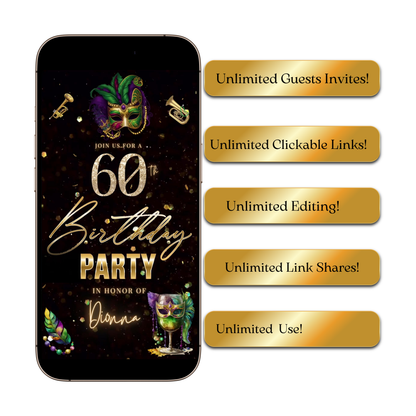 Editable masquerade mardi gras 60th birthday birthday video invitation displayed on a mobile phone, featuring an animated vertical digital invite with music, created in Canva. This premium video invitation template is designed for sharing by text, email, and social media and works with an interactive RSVP website for easy guest response tracking.