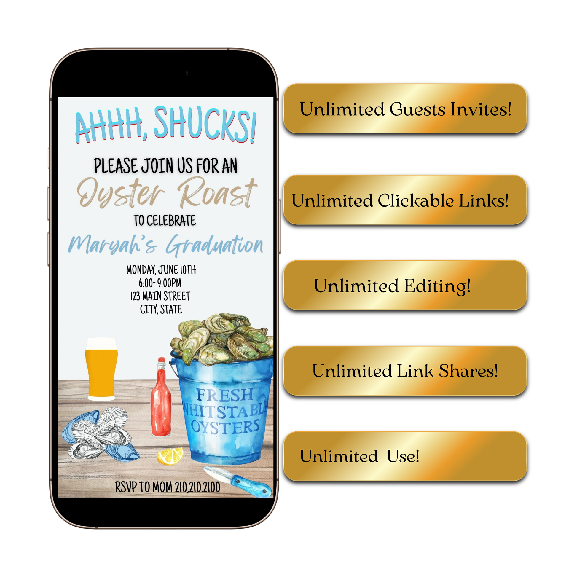 Editable oyster roast graduation party graduation video invitation displayed on a mobile phone, featuring an animated vertical digital invite with music, created in Canva. This premium video invitation template is designed for sharing by text, email, and social media and works with an interactive RSVP website for easy guest response tracking.