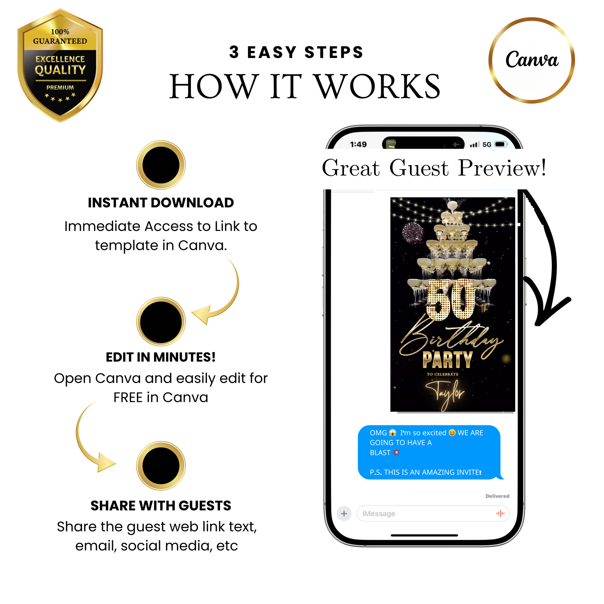 Editable champagne tower gold 50th birthday video invitation displayed on a mobile phone, featuring an animated vertical digital invite with music, created in Canva. This premium video invitation template is designed for sharing by text, email, and social media and works with an interactive RSVP website for easy guest response tracking.