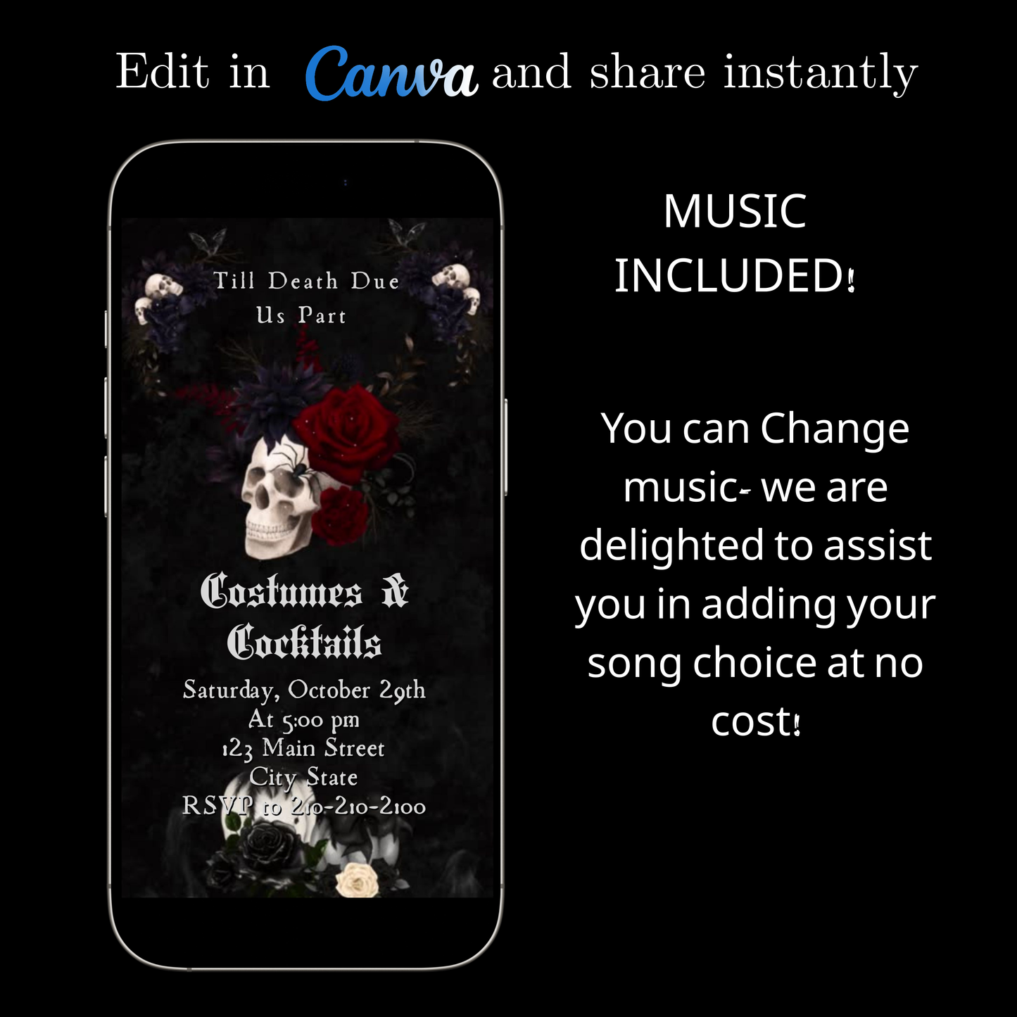 Editable gothic halloween wedding party wedding video invitation displayed on a mobile phone, featuring an animated vertical digital invite with music, created in Canva. This premium video invitation template is designed for sharing by text, email, and social media and works with an interactive RSVP website for easy guest response tracking.