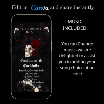 Editable gothic halloween wedding party wedding video invitation displayed on a mobile phone, featuring an animated vertical digital invite with music, created in Canva. This premium video invitation template is designed for sharing by text, email, and social media and works with an interactive RSVP website for easy guest response tracking.