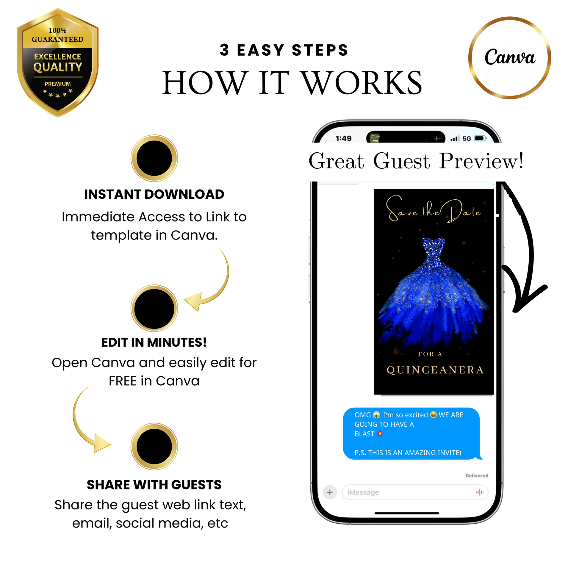 Editable royal blue glitter dress Quinceañera video invitation displayed on a mobile phone, featuring an animated vertical digital invite with music, created in Canva. This premium video invitation template is designed for sharing by text, email, and social media and works with an interactive RSVP website for easy guest response tracking.