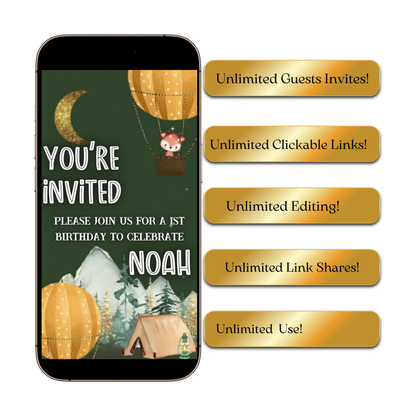 Editable woodland camping 1st birthday birthday video invitation displayed on a mobile phone, featuring an animated vertical digital invite with music, created in Canva. This premium video invitation template is designed for sharing by text, email, and social media and works with an interactive RSVP website for easy guest response tracking.