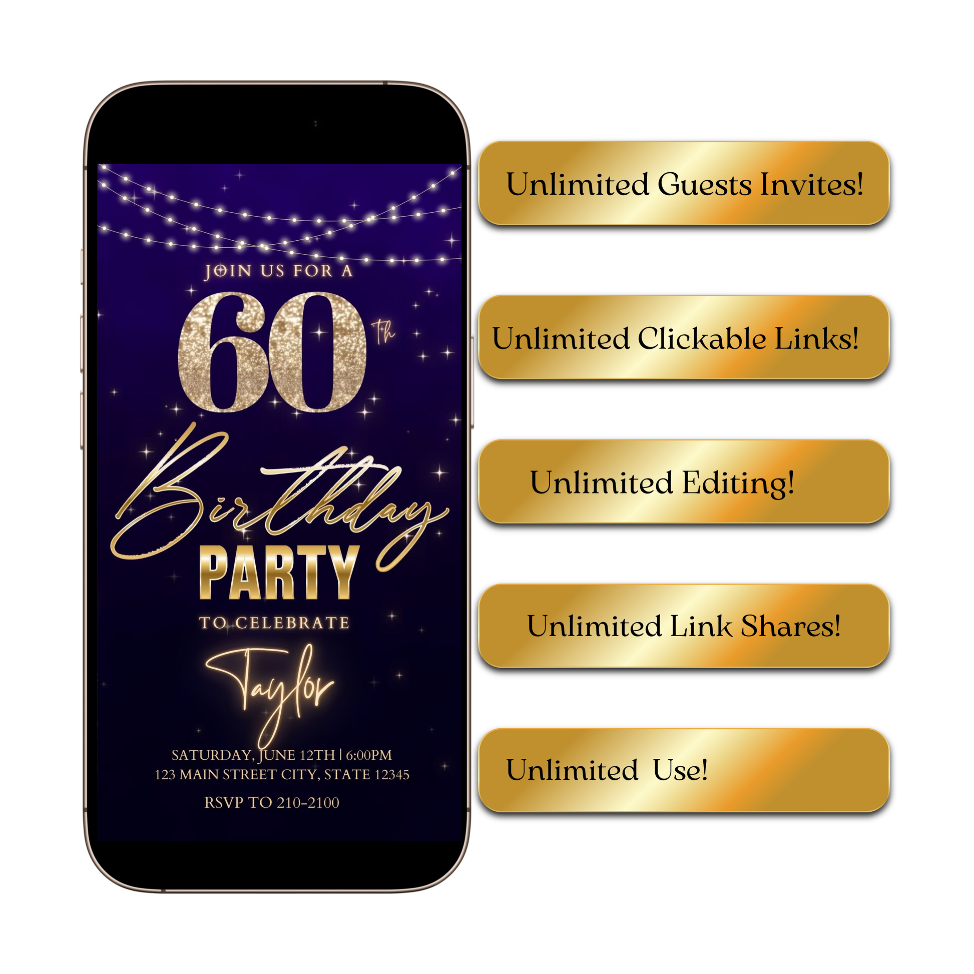 Editable purple gold starry 60th birthday birthday video invitation displayed on a mobile phone, featuring an animated vertical digital invite with music, created in Canva. This premium video invitation template is designed for sharing by text, email, and social media and works with an interactive RSVP website for easy guest response tracking.