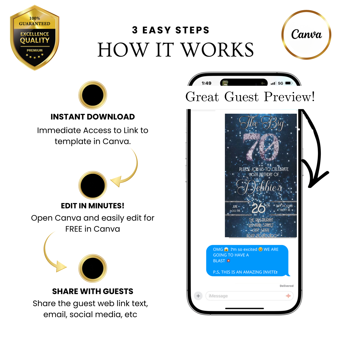 Editable blue sequin 70th birthday video invitation displayed on a mobile phone, featuring an animated vertical digital invite with music, created in Canva. This premium video invitation template is designed for sharing by text, email, and social media and works with an interactive RSVP website for easy guest response tracking.