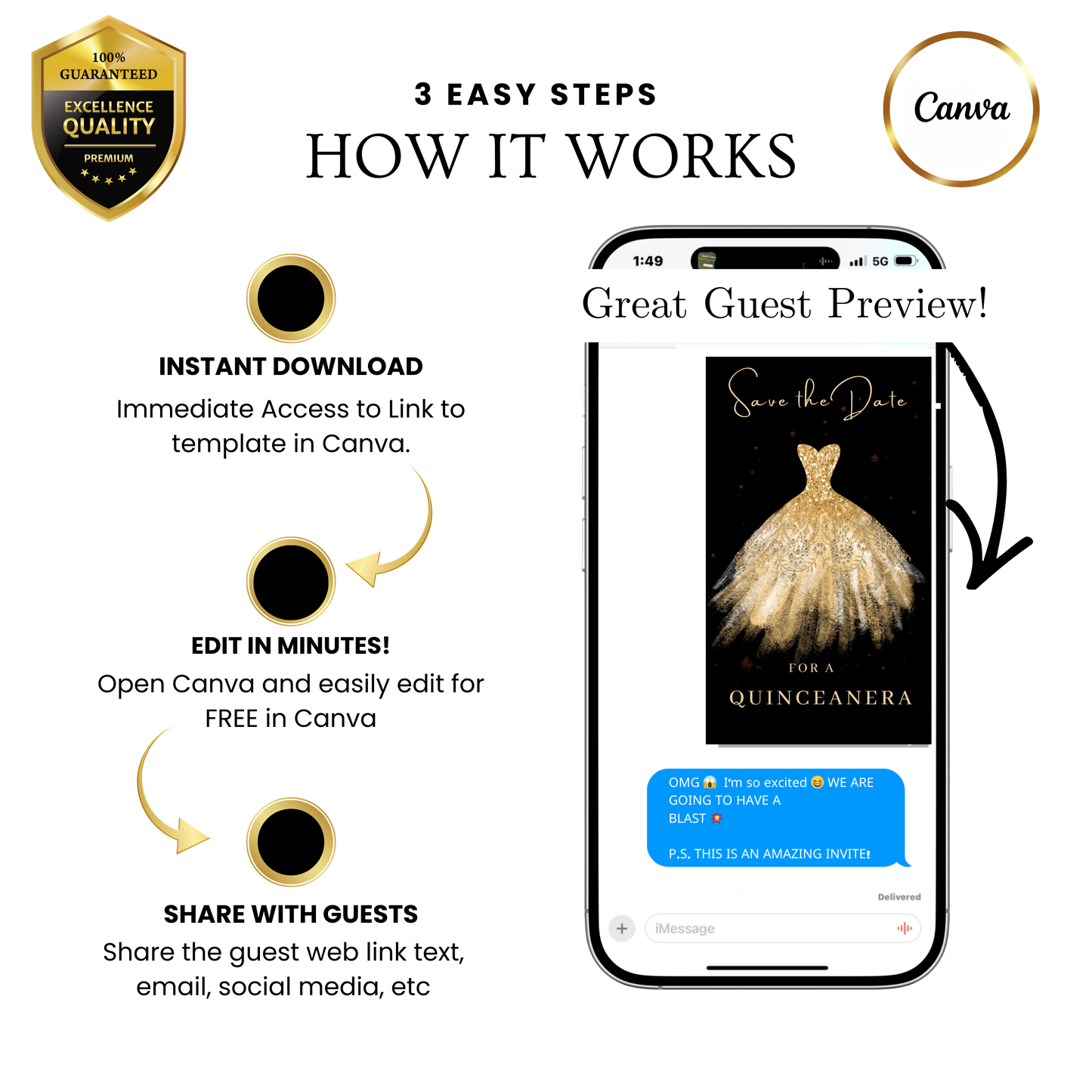 Editable gold glitter dress Quinceañera video invitation displayed on a mobile phone, featuring an animated vertical digital invite with music, created in Canva. This premium video invitation template is designed for sharing by text, email, and social media and works with an interactive RSVP website for easy guest response tracking.