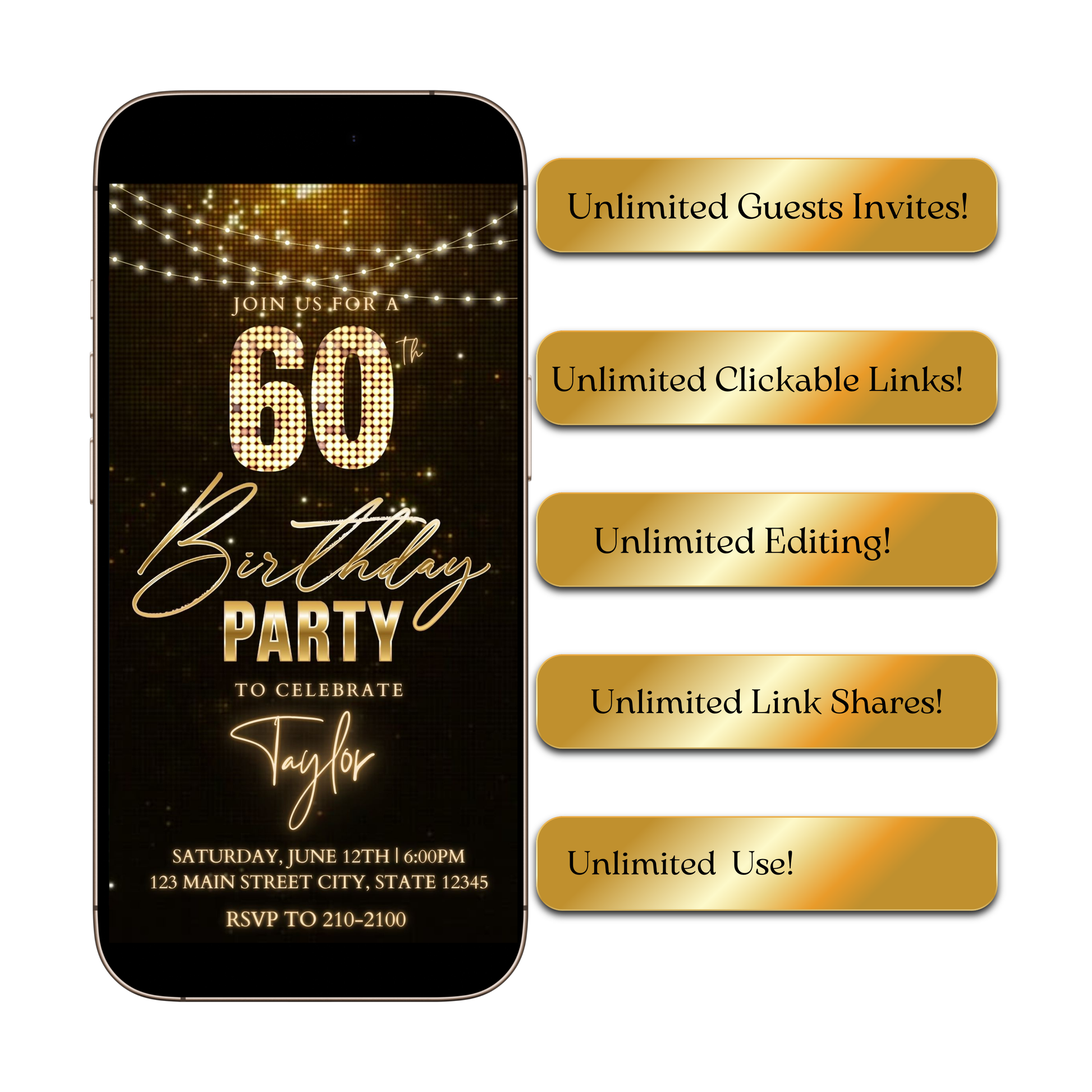 Editable bronze glitter 60th birthday birthday video invitation displayed on a mobile phone, featuring an animated vertical digital invite with music, created in Canva. This premium video invitation template is designed for sharing by text, email, and social media and works with an interactive RSVP website for easy guest response tracking.