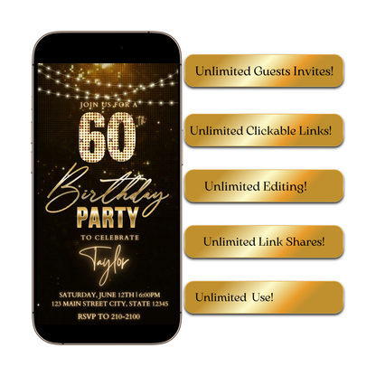 Editable bronze glitter 60th birthday birthday video invitation displayed on a mobile phone, featuring an animated vertical digital invite with music, created in Canva. This premium video invitation template is designed for sharing by text, email, and social media and works with an interactive RSVP website for easy guest response tracking.