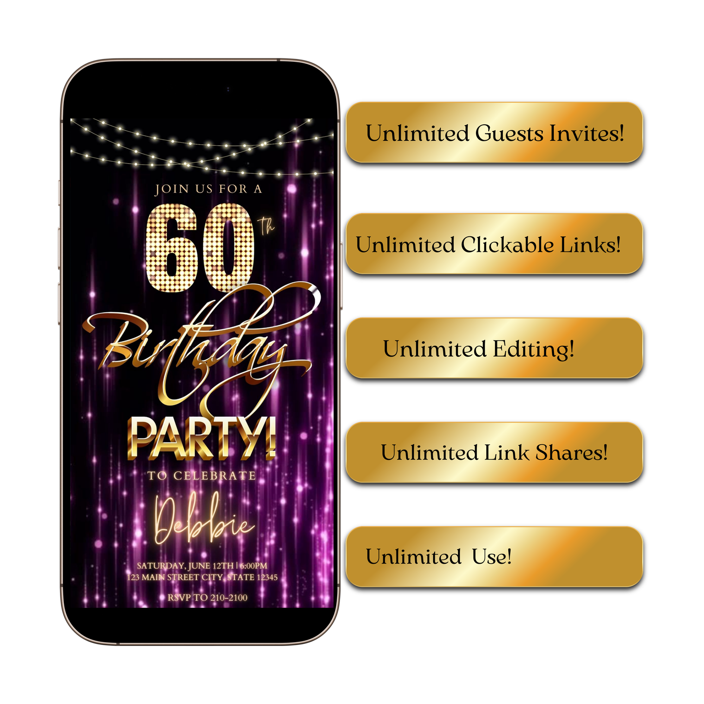 Editable purple gold glam 60th birthday birthday video invitation displayed on a mobile phone, featuring an animated vertical digital invite with music, created in Canva. This premium video invitation template is designed for sharing by text, email, and social media and works with an interactive RSVP website for easy guest response tracking.