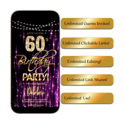 Editable purple gold glam 60th birthday birthday video invitation displayed on a mobile phone, featuring an animated vertical digital invite with music, created in Canva. This premium video invitation template is designed for sharing by text, email, and social media and works with an interactive RSVP website for easy guest response tracking.