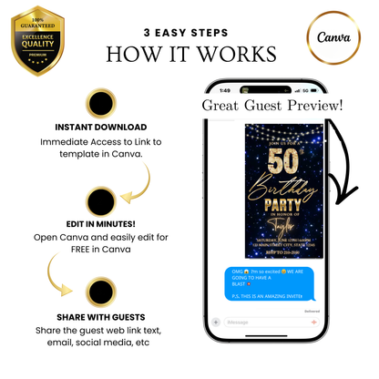 Editable gold black elegant 50th birthday video invitation displayed on a mobile phone, featuring an animated vertical digital invite with music, created in Canva. This premium video invitation template is designed for sharing by text, email, and social media and works with an interactive RSVP website for easy guest response tracking.