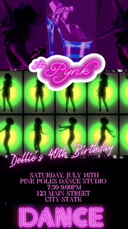 Neon Strip Club Theme Birthday Video Invitation – P Valley Gentlemens Party Evite Canva Editable
