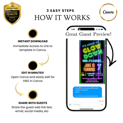 Editable neon glow down birthday video invitation displayed on a mobile phone, featuring an animated vertical digital invite with music, created in Canva. This premium video invitation template is designed for sharing by text, email, and social media and works with an interactive RSVP website for easy guest response tracking.