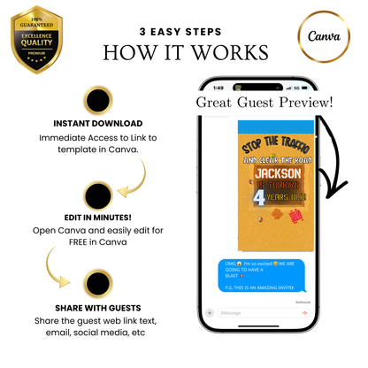Editable construction theme 4th birthday video invitation displayed on a mobile phone, featuring an animated vertical digital invite with music, created in Canva. This premium video invitation template is designed for sharing by text, email, and social media and works with an interactive RSVP website for easy guest response tracking.