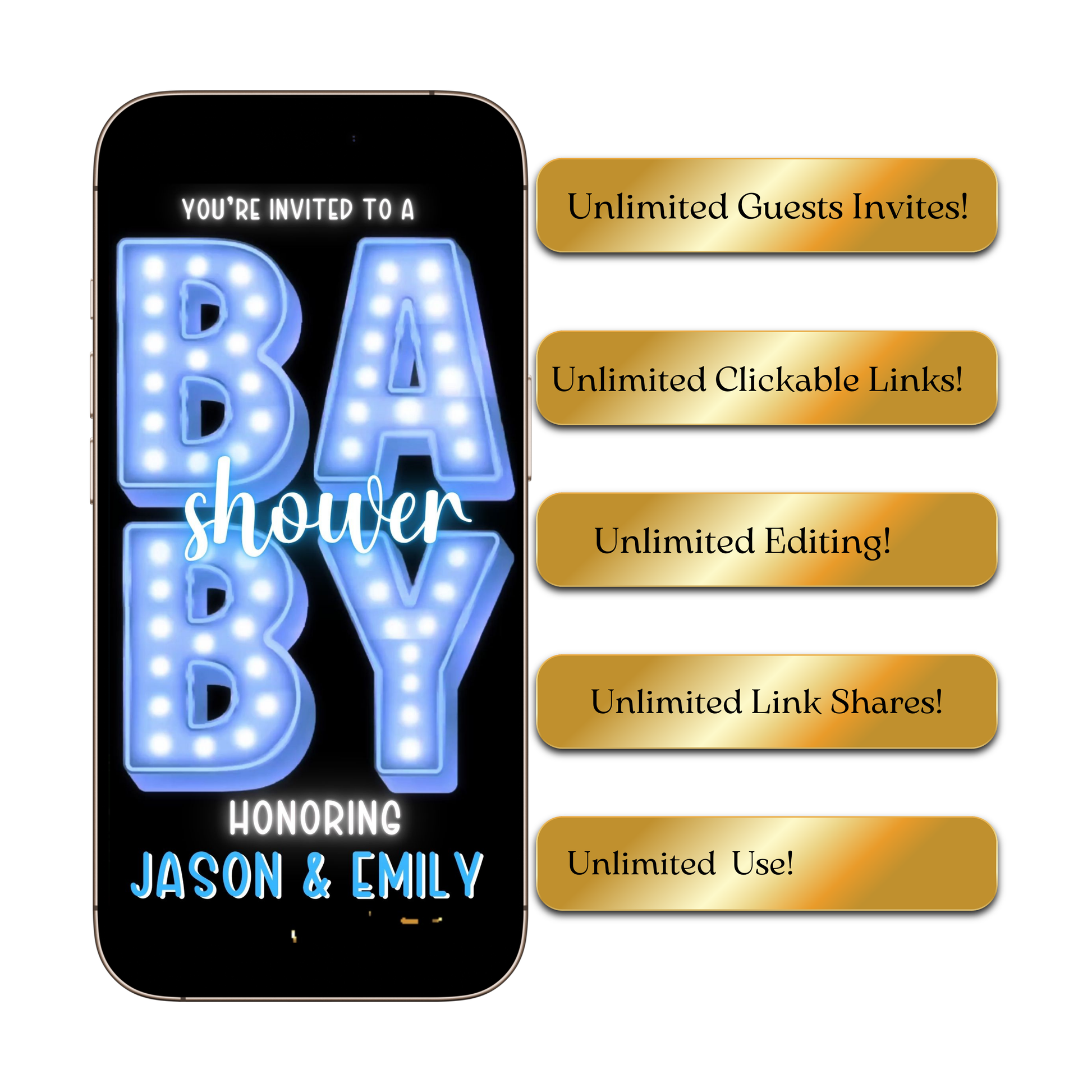 Editable blue marquee boy baby shower baby shower video invitation displayed on a mobile phone, featuring an animated vertical digital invite with music, created in Canva. This premium video invitation template is designed for sharing by text, email, and social media and works with an interactive RSVP website for easy guest response tracking.