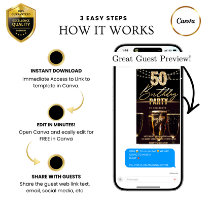 Editable black gold champagne 50th birthday video invitation displayed on a mobile phone, featuring an animated vertical digital invite with music, created in Canva. This premium video invitation template is designed for sharing by text, email, and social media and works with an interactive RSVP website for easy guest response tracking.