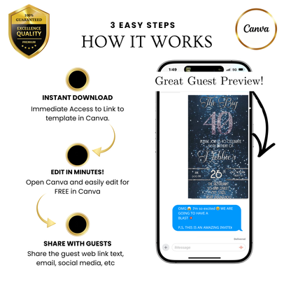 Editable blue sequin 40th birthday video invitation displayed on a mobile phone, featuring an animated vertical digital invite with music, created in Canva. This premium video invitation template is designed for sharing by text, email, and social media and works with an interactive RSVP website for easy guest response tracking.