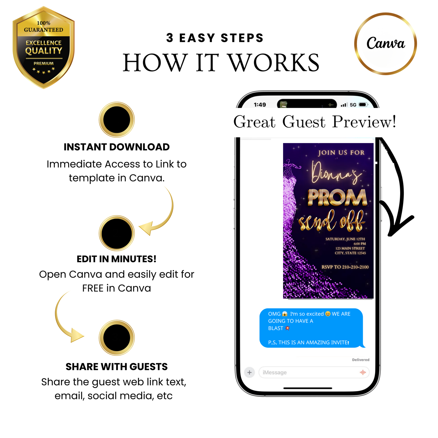 Editable purple gold glam prom send off video invitation displayed on a mobile phone, featuring an animated vertical digital invite with music, created in Canva. This premium video invitation template is designed for sharing by text, email, and social media and works with an interactive RSVP website for easy guest response tracking.