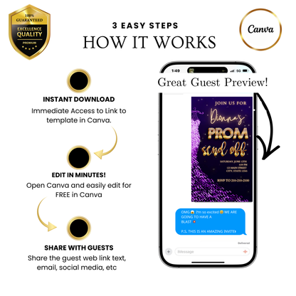 Editable purple gold glam prom send off video invitation displayed on a mobile phone, featuring an animated vertical digital invite with music, created in Canva. This premium video invitation template is designed for sharing by text, email, and social media and works with an interactive RSVP website for easy guest response tracking.