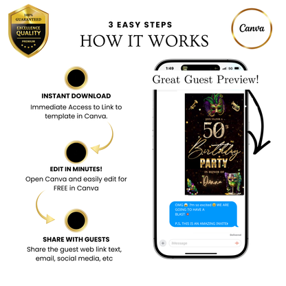 Editable mardi gras masquerade 50th birthday – editable canva animated video invitation displayed on a mobile phone, featuring an animated vertical digital invite with music, created in Canva. This premium video invitation template is designed for sharing by text, email, and social media and works with an interactive RSVP website for easy guest response tracking.