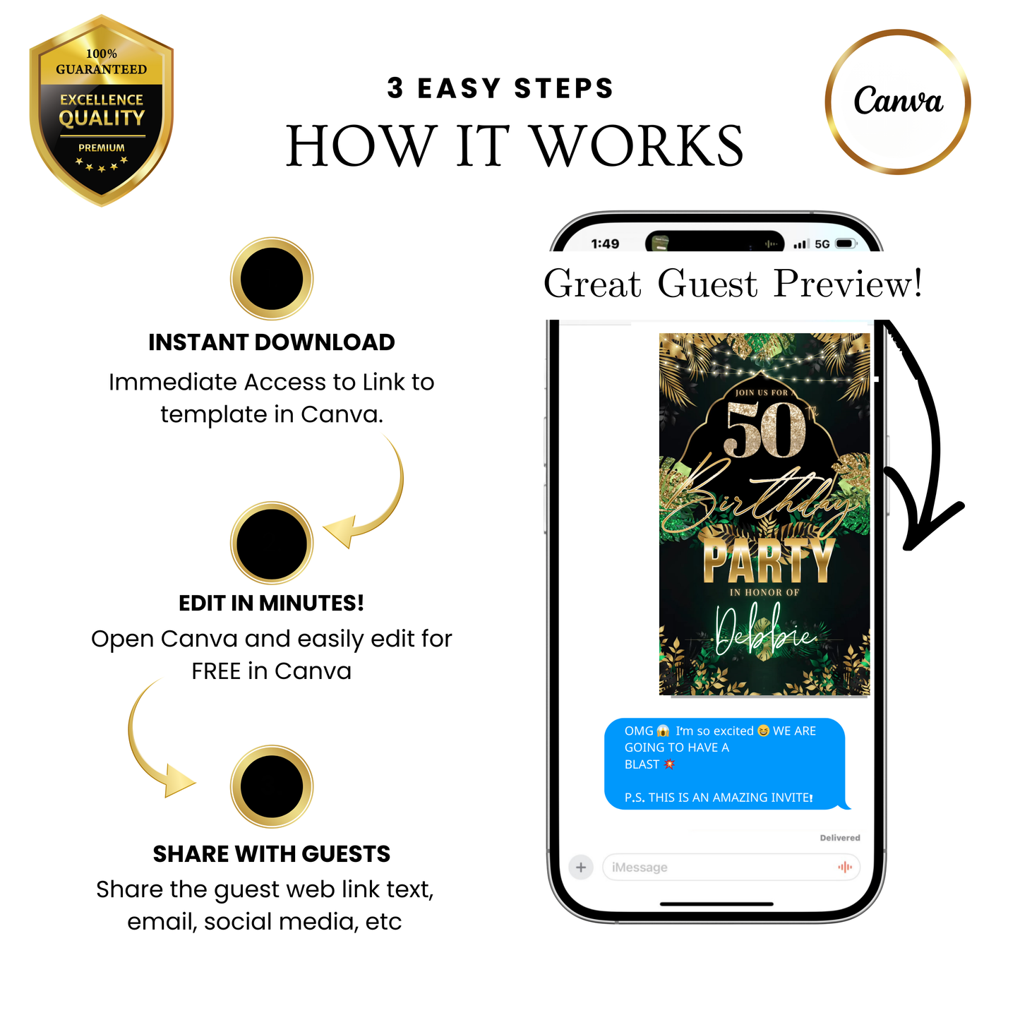 Editable tropical green gold 50th birthday video invitation displayed on a mobile phone, featuring an animated vertical digital invite with music, created in Canva. This premium video invitation template is designed for sharing by text, email, and social media and works with an interactive RSVP website for easy guest response tracking.