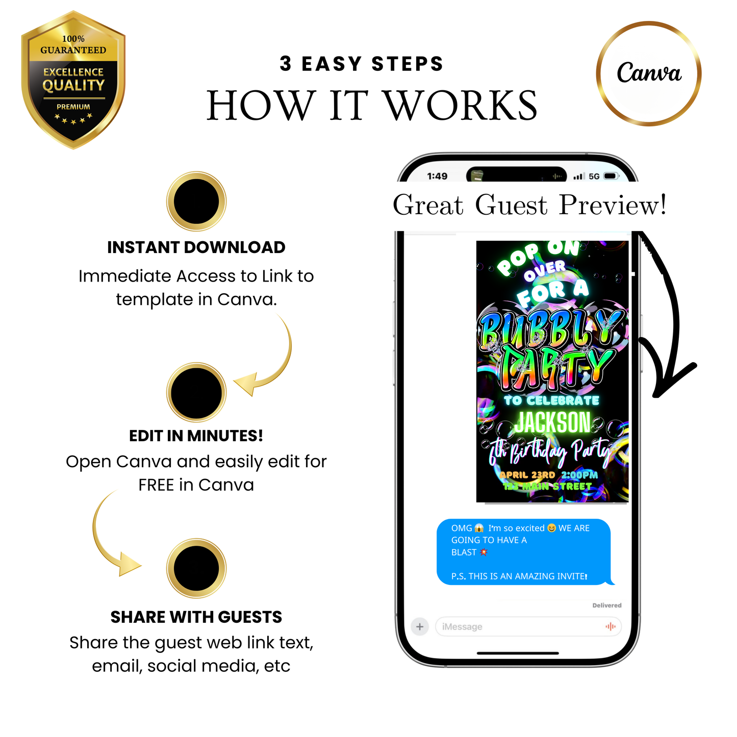 Editable colorful bubble kids birthday party video invitation displayed on a mobile phone, featuring an animated vertical digital invite with music, created in Canva. This premium video invitation template is designed for sharing by text, email, and social media and works with an interactive RSVP website for easy guest response tracking.
