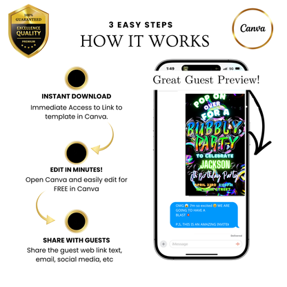 Editable colorful bubble kids birthday party video invitation displayed on a mobile phone, featuring an animated vertical digital invite with music, created in Canva. This premium video invitation template is designed for sharing by text, email, and social media and works with an interactive RSVP website for easy guest response tracking.