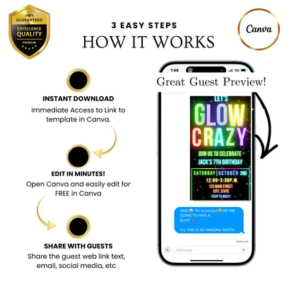 Editable neon glow kids birthday video invitation displayed on a mobile phone, featuring an animated vertical digital invite with music, created in Canva. This premium video invitation template is designed for sharing by text, email, and social media and works with an interactive RSVP website for easy guest response tracking.