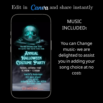 Editable spooky halloween costume party party video invitation displayed on a mobile phone, featuring an animated vertical digital invite with music, created in Canva. This premium video invitation template is designed for sharing by text, email, and social media and works with an interactive RSVP website for easy guest response tracking.