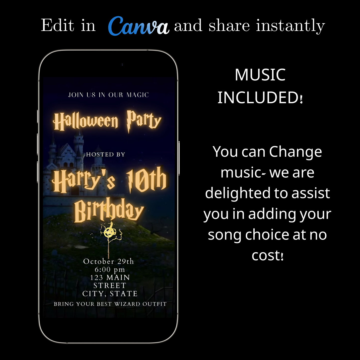 Editable wizard halloween birthday birthday video invitation displayed on a mobile phone, featuring an animated vertical digital invite with music, created in Canva. This premium video invitation template is designed for sharing by text, email, and social media and works with an interactive RSVP website for easy guest response tracking.