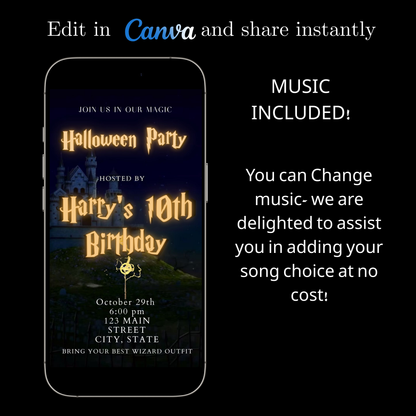 Editable wizard halloween birthday birthday video invitation displayed on a mobile phone, featuring an animated vertical digital invite with music, created in Canva. This premium video invitation template is designed for sharing by text, email, and social media and works with an interactive RSVP website for easy guest response tracking.