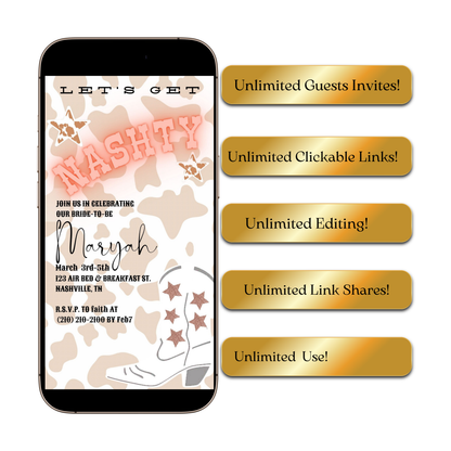 Editable cowgirl nashville bachelorette party party video invitation displayed on a mobile phone, featuring an animated vertical digital invite with music, created in Canva. This premium video invitation template is designed for sharing by text, email, and social media and works with an interactive RSVP website for easy guest response tracking.