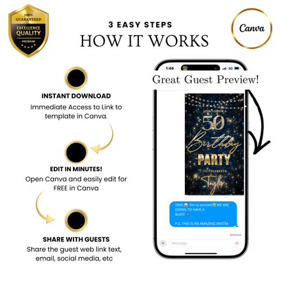 Editable navy blue gold starry 50th birthday video invitation displayed on a mobile phone, featuring an animated vertical digital invite with music, created in Canva. This premium video invitation template is designed for sharing by text, email, and social media and works with an interactive RSVP website for easy guest response tracking.