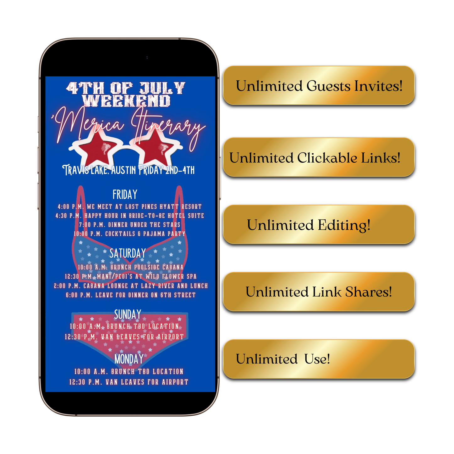 Editable patriotic 4th of july weekend party party video invitation displayed on a mobile phone, featuring an animated vertical digital invite with music, created in Canva. This premium video invitation template is designed for sharing by text, email, and social media and works with an interactive RSVP website for easy guest response tracking.