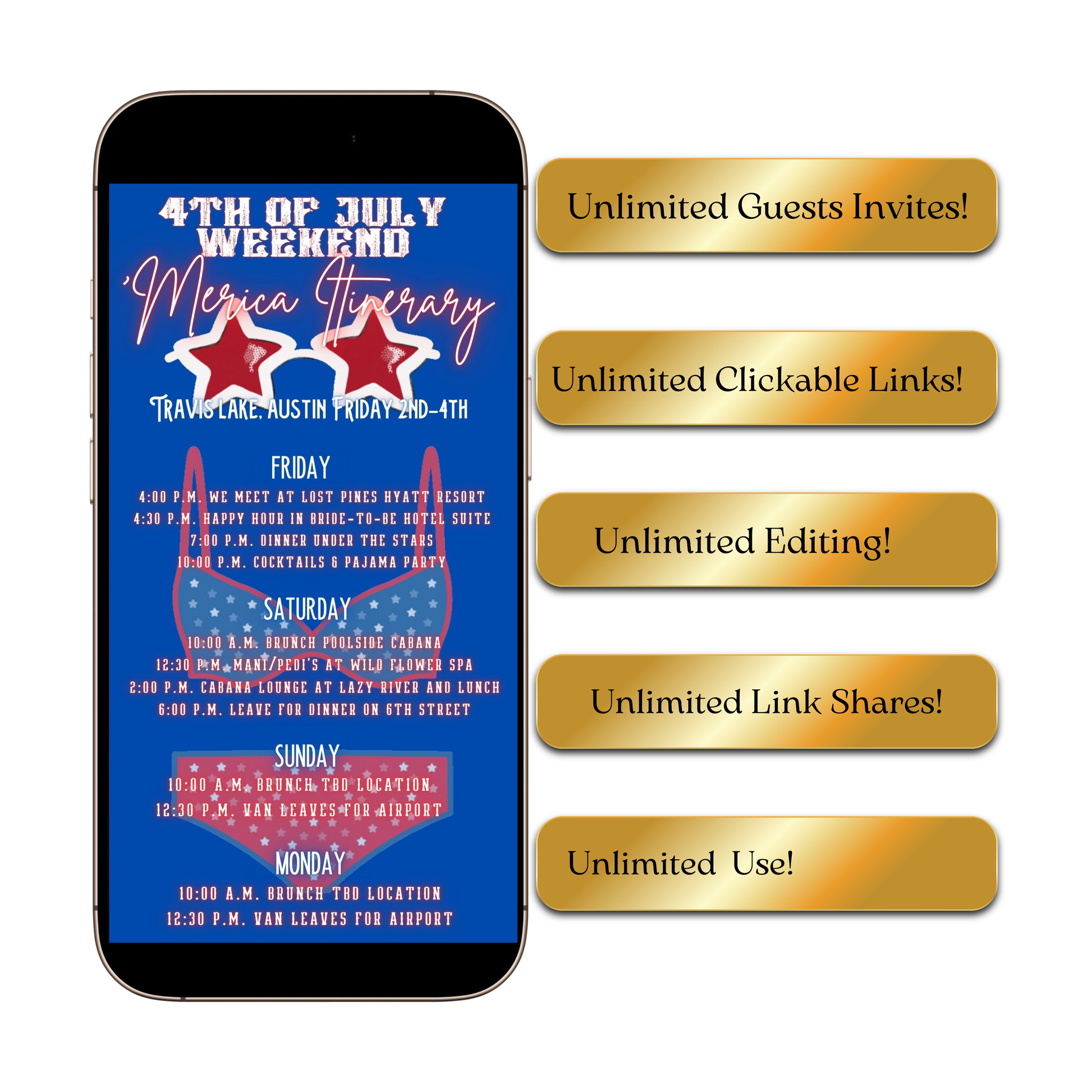 Editable patriotic 4th of july weekend party party video invitation displayed on a mobile phone, featuring an animated vertical digital invite with music, created in Canva. This premium video invitation template is designed for sharing by text, email, and social media and works with an interactive RSVP website for easy guest response tracking.