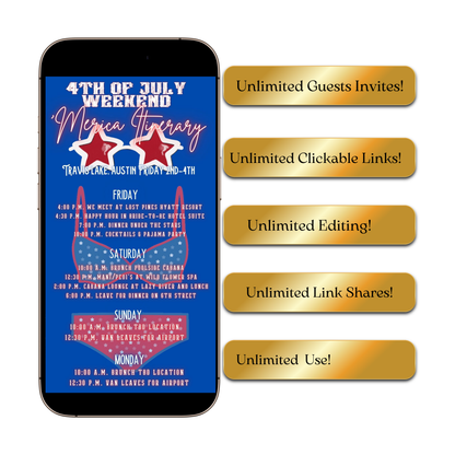 Editable patriotic 4th of july weekend party party video invitation displayed on a mobile phone, featuring an animated vertical digital invite with music, created in Canva. This premium video invitation template is designed for sharing by text, email, and social media and works with an interactive RSVP website for easy guest response tracking.