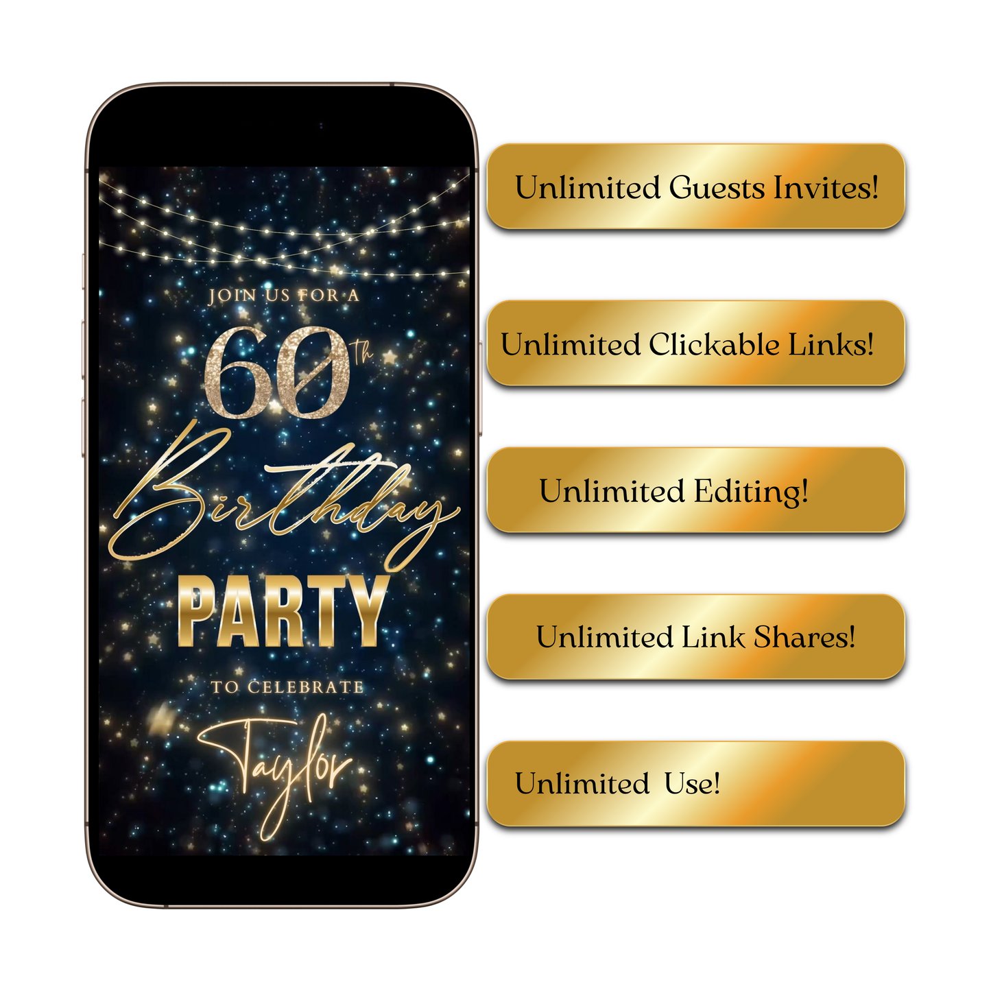 Editable teal gold star confetti 60th birthday birthday video invitation displayed on a mobile phone, featuring an animated vertical digital invite with music, created in Canva. This premium video invitation template is designed for sharing by text, email, and social media and works with an interactive RSVP website for easy guest response tracking.