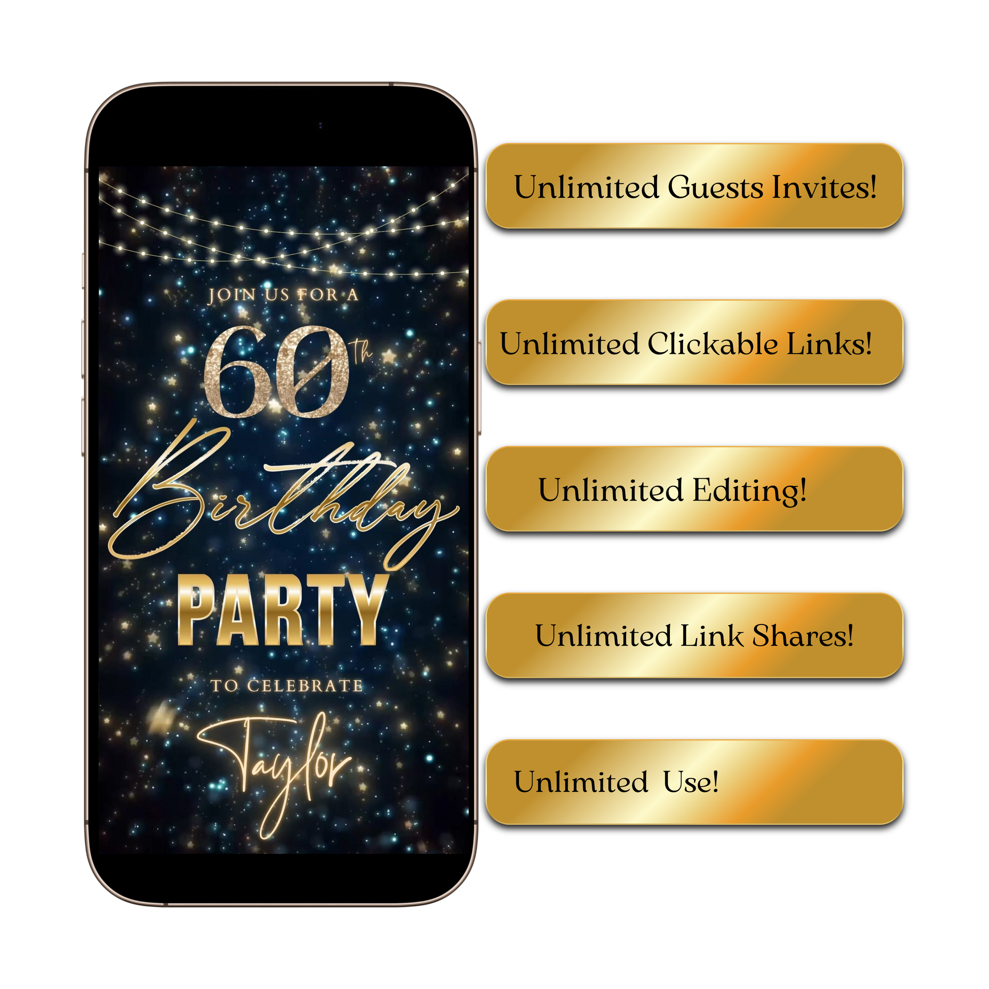 Editable teal gold star confetti 60th birthday birthday video invitation displayed on a mobile phone, featuring an animated vertical digital invite with music, created in Canva. This premium video invitation template is designed for sharing by text, email, and social media and works with an interactive RSVP website for easy guest response tracking.