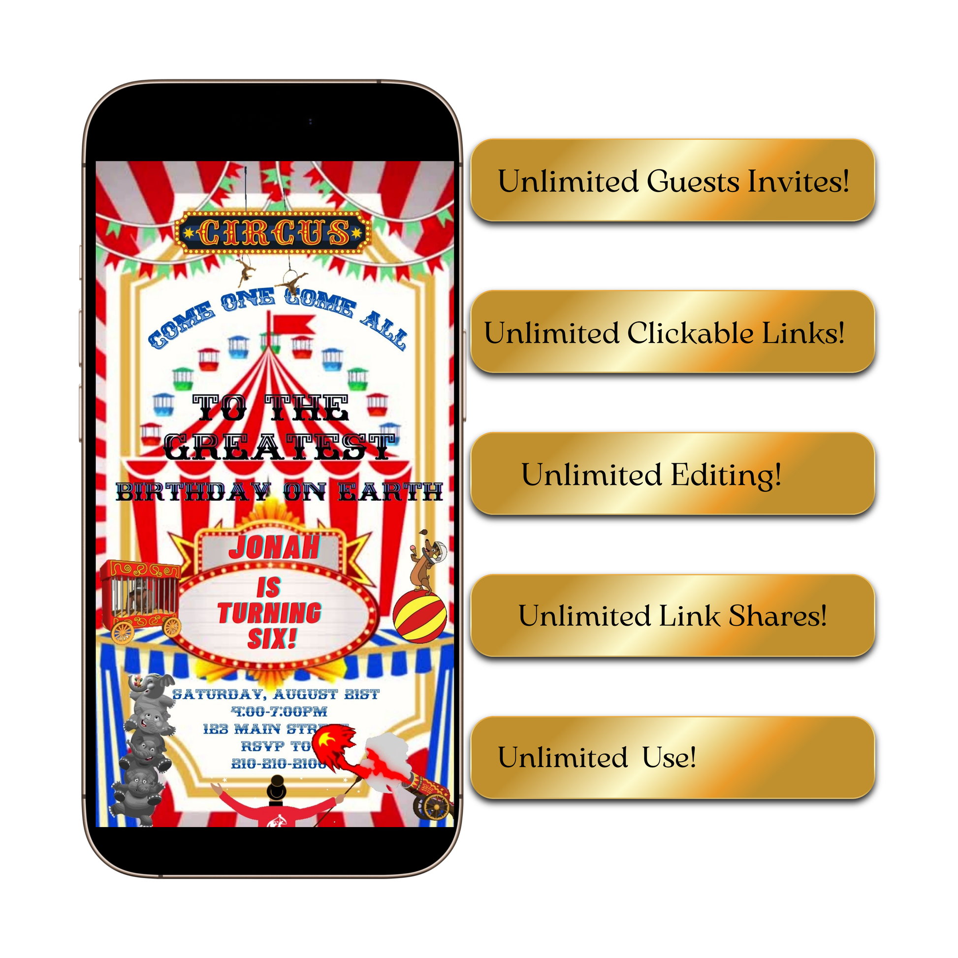 Editable red circus 6th birthday birthday video invitation displayed on a mobile phone, featuring an animated vertical digital invite with music, created in Canva. This premium video invitation template is designed for sharing by text, email, and social media and works with an interactive RSVP website for easy guest response tracking.