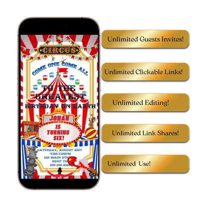 Editable red circus 6th birthday birthday video invitation displayed on a mobile phone, featuring an animated vertical digital invite with music, created in Canva. This premium video invitation template is designed for sharing by text, email, and social media and works with an interactive RSVP website for easy guest response tracking.