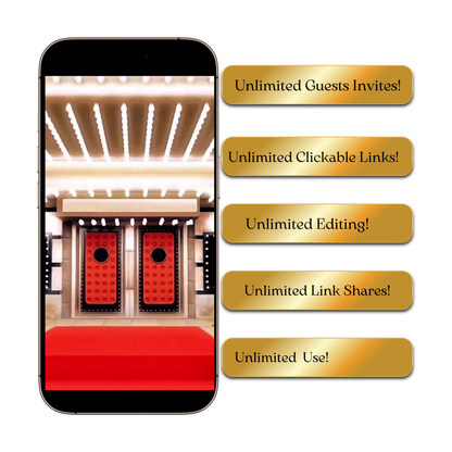 Editable hollywood red carpet 50th birthday birthday video invitation displayed on a mobile phone, featuring an animated vertical digital invite with music, created in Canva. This premium video invitation template is designed for sharing by text, email, and social media and works with an interactive RSVP website for easy guest response tracking.