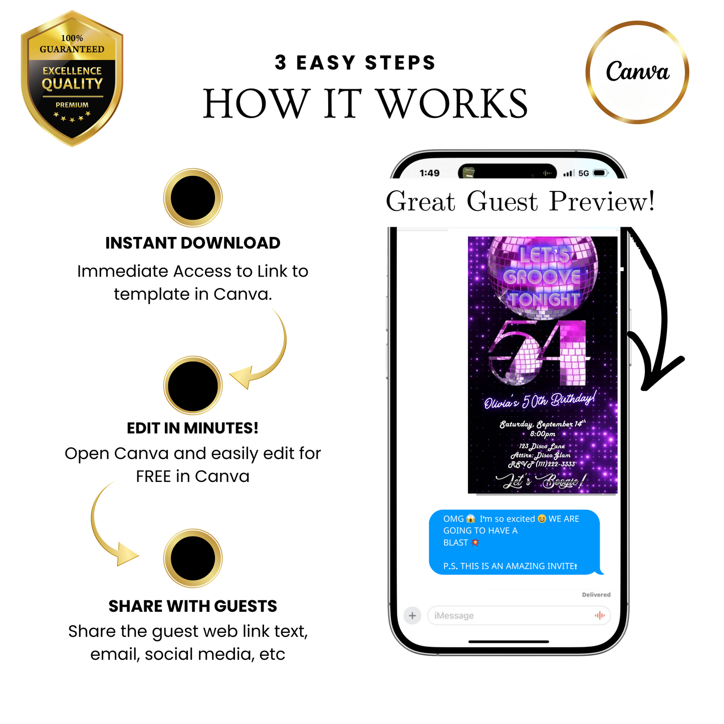 Editable purple disco studio 54 birthday video invitation displayed on a mobile phone, featuring an animated vertical digital invite with music, created in Canva. This premium video invitation template is designed for sharing by text, email, and social media and works with an interactive RSVP website for easy guest response tracking.