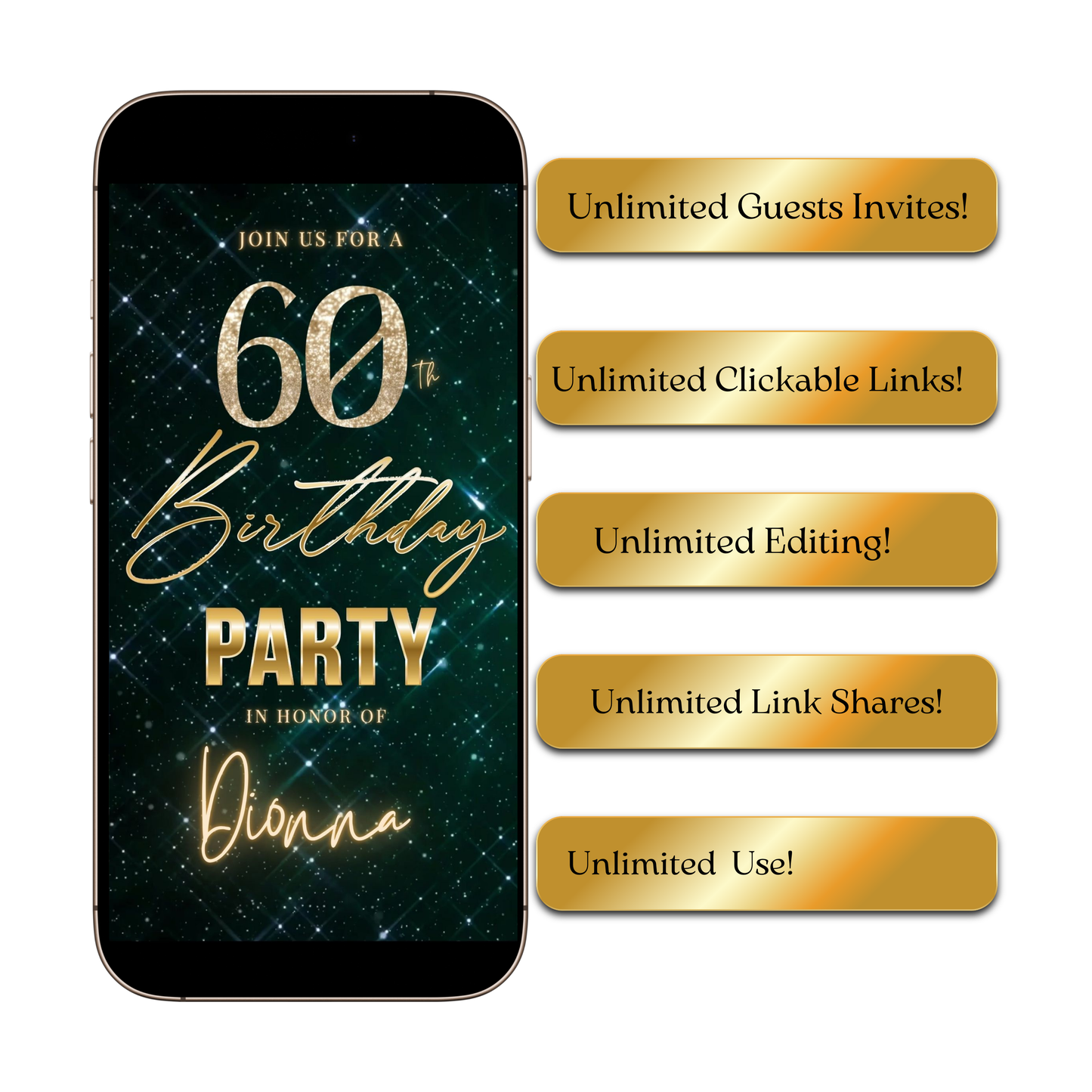 Editable teal glam 60th birthday birthday video invitation displayed on a mobile phone, featuring an animated vertical digital invite with music, created in Canva. This premium video invitation template is designed for sharing by text, email, and social media and works with an interactive RSVP website for easy guest response tracking.